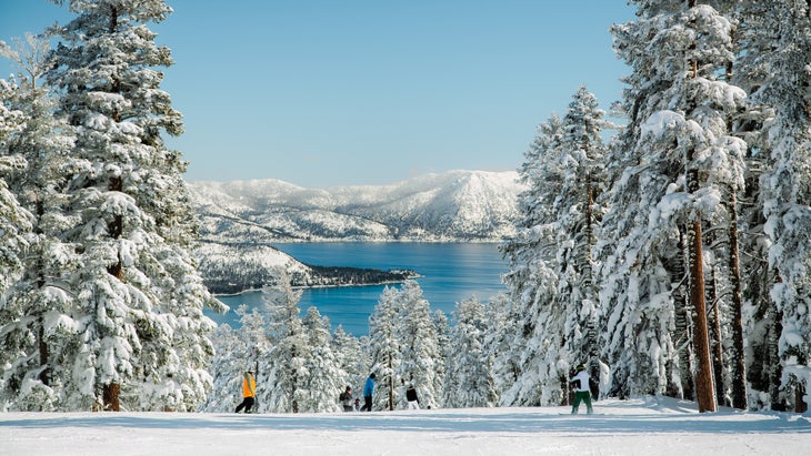 People skiing on top of a mountain with view of Lake Tahoe on a snowy winter day, with trees fully cover by fresh snow.