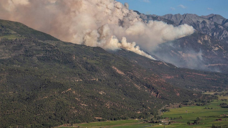 view of the Gold Mountain Fire from a high point in Ridgway, looking south, toward Ouray, Colorado.