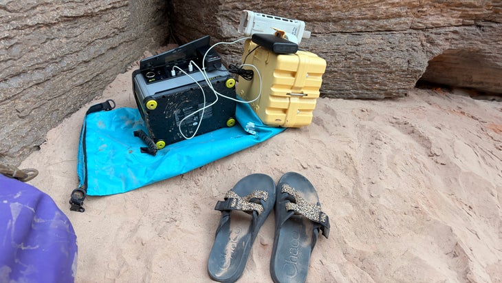 Electronics setup at camp on a two-week Grand Canyon group rafting trip