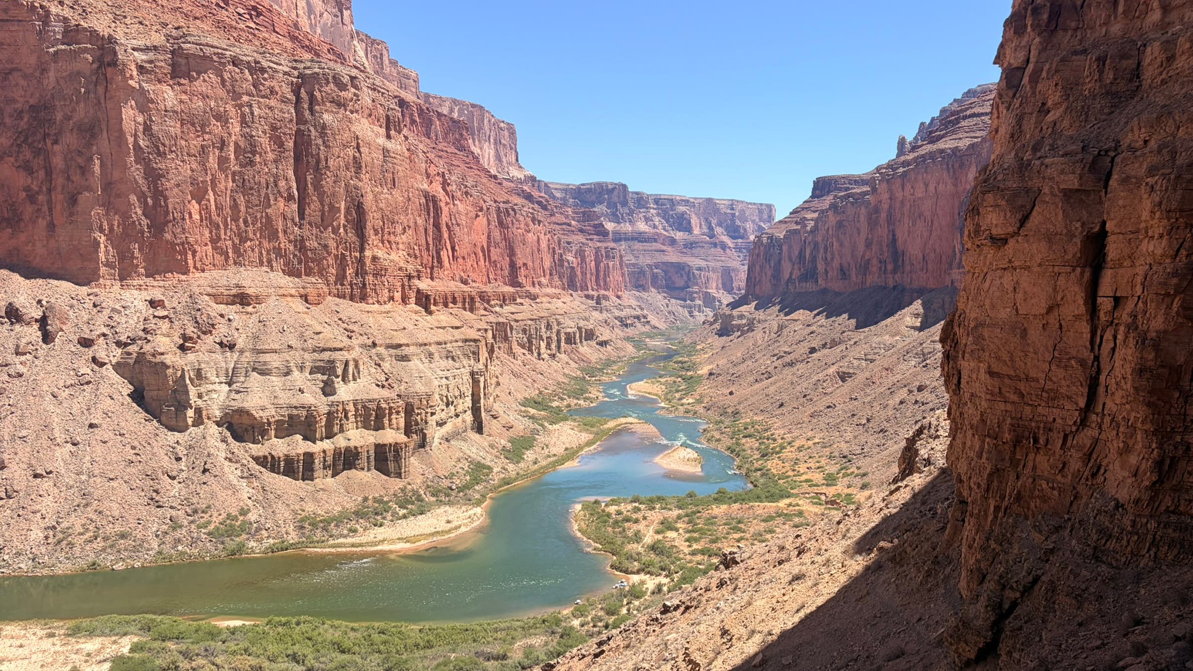 A view down the river on the Grand Canyon during a rafting trip