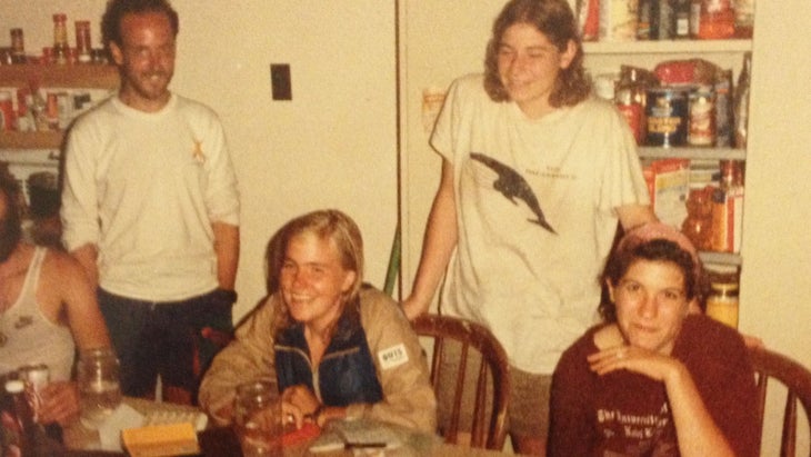 At the Dartmouth Outing Club’s “Atwell Hilton,” on the second night the author and his hiking partner, Greg “Animal” Hammer, spent with Molly and Geoff. From left: Geoff (partially hidden); the author; Molly; and two young women the couple hiked with in New England, Elizabeth, and Chris.