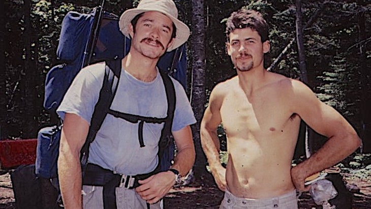 Greg “Animal” Hammer, right, and Dan “Mentor” Johnson at Maine’s Little Bigelow Shelter, June 1990.