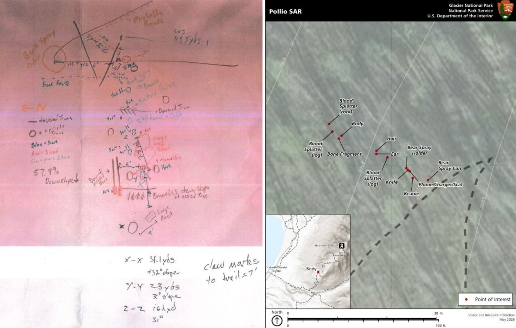 (Left) Scene sketch from Pollio fatality site. (Right) Location of personal items recovered from scene of attack.