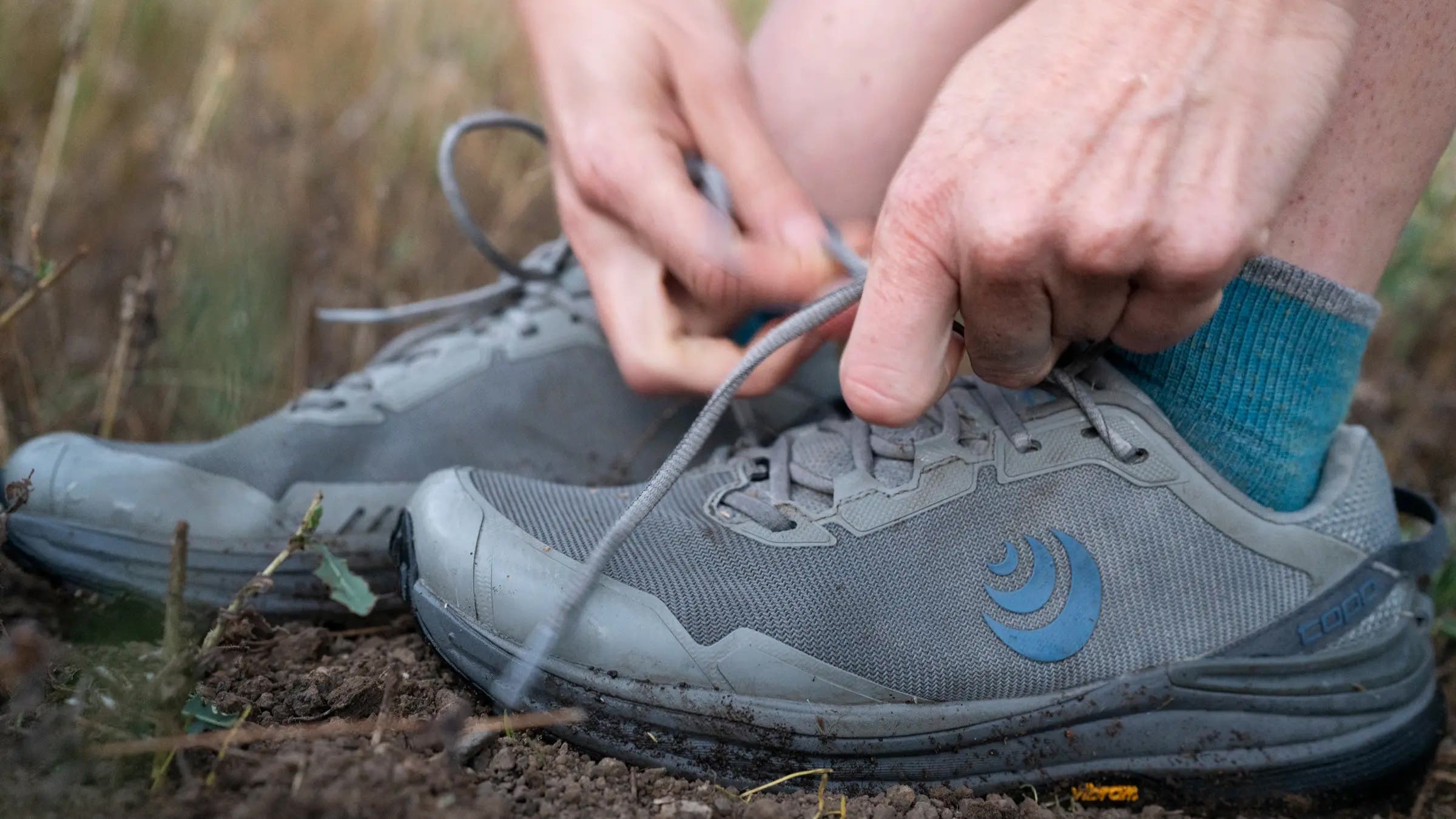 Topo Athletic Traverse Trail Running Shoe, Gray with Blue Logo