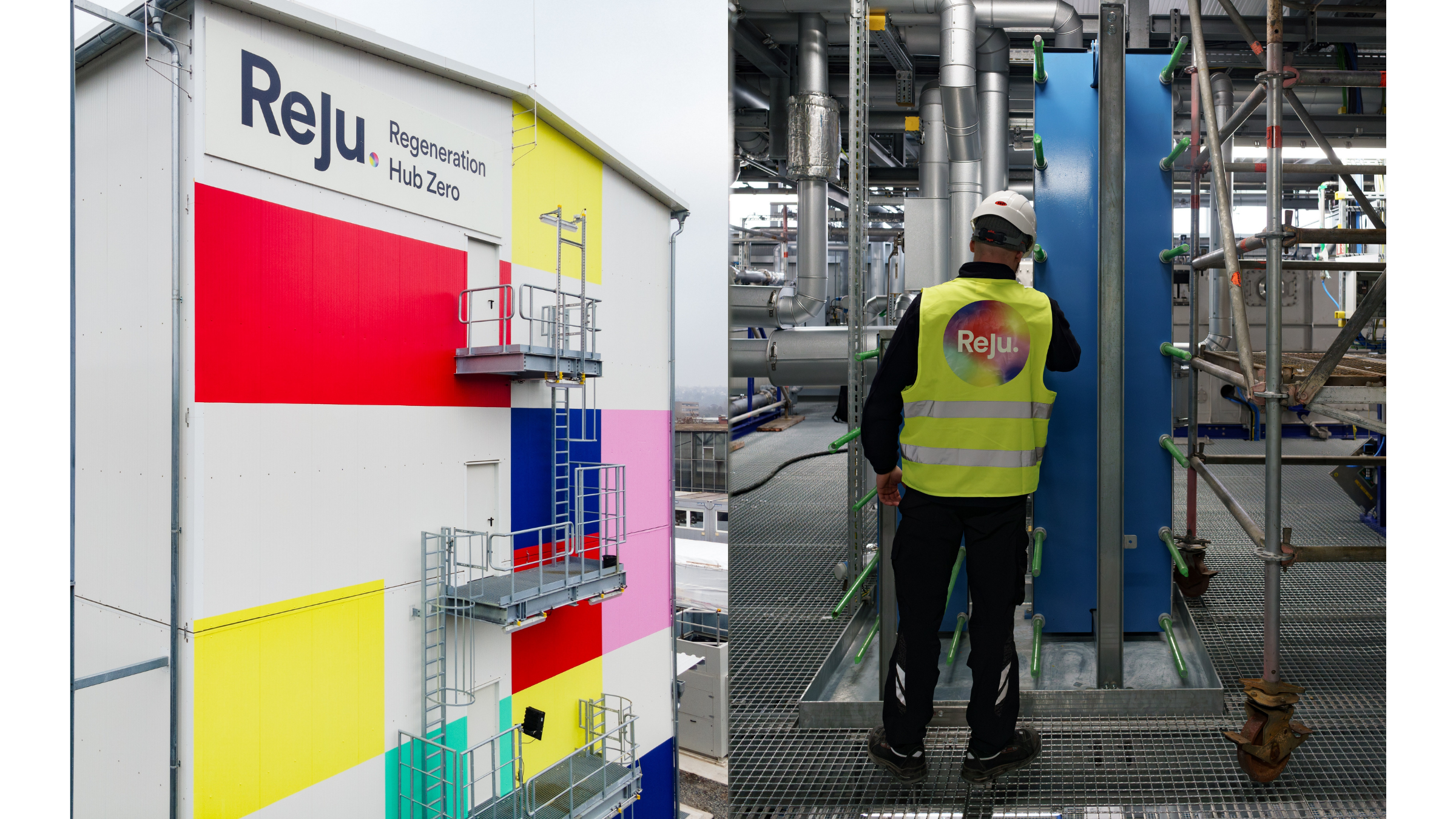 A split photo displaying the colorful exterior of the Reju Regeneration Hub Zero alongside a plant technician inspecting blue industrial equipment.