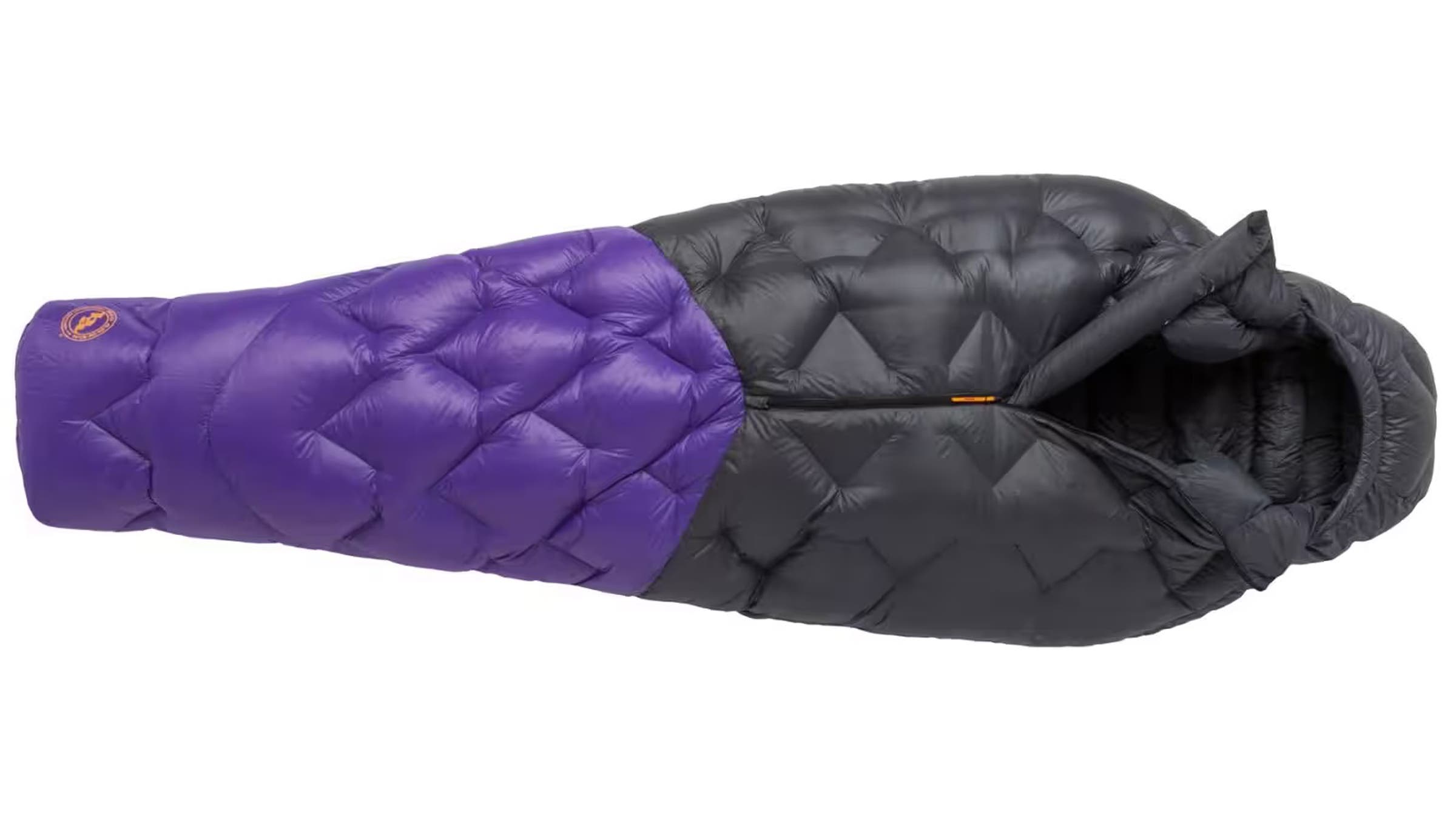 Ultralight mummy-style sleeping bag featuring a purple footbox and dark gray diamond-quilted upper body. Designed to offer compact packability and warmth for fastpack adventures.