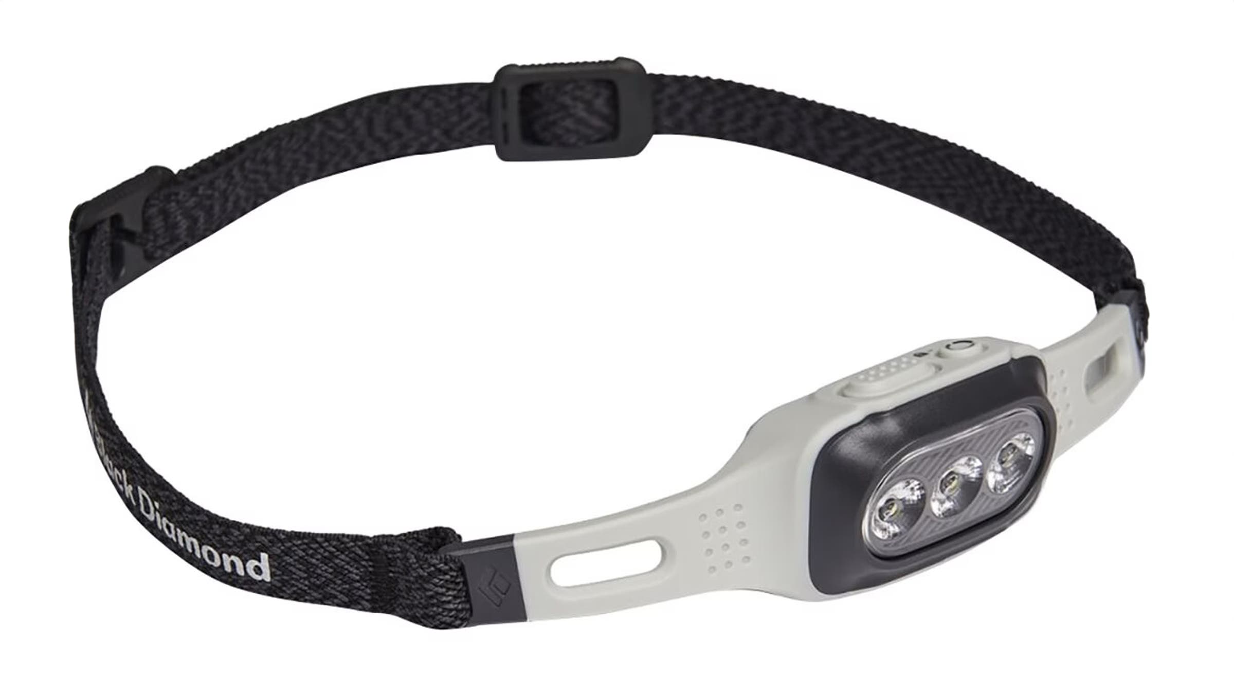 Compact, light-gray Black Diamond headlamp with a three-LED light array and adjustable black headband. An essential ultralight illumination tool for early morning or night fastpacking.