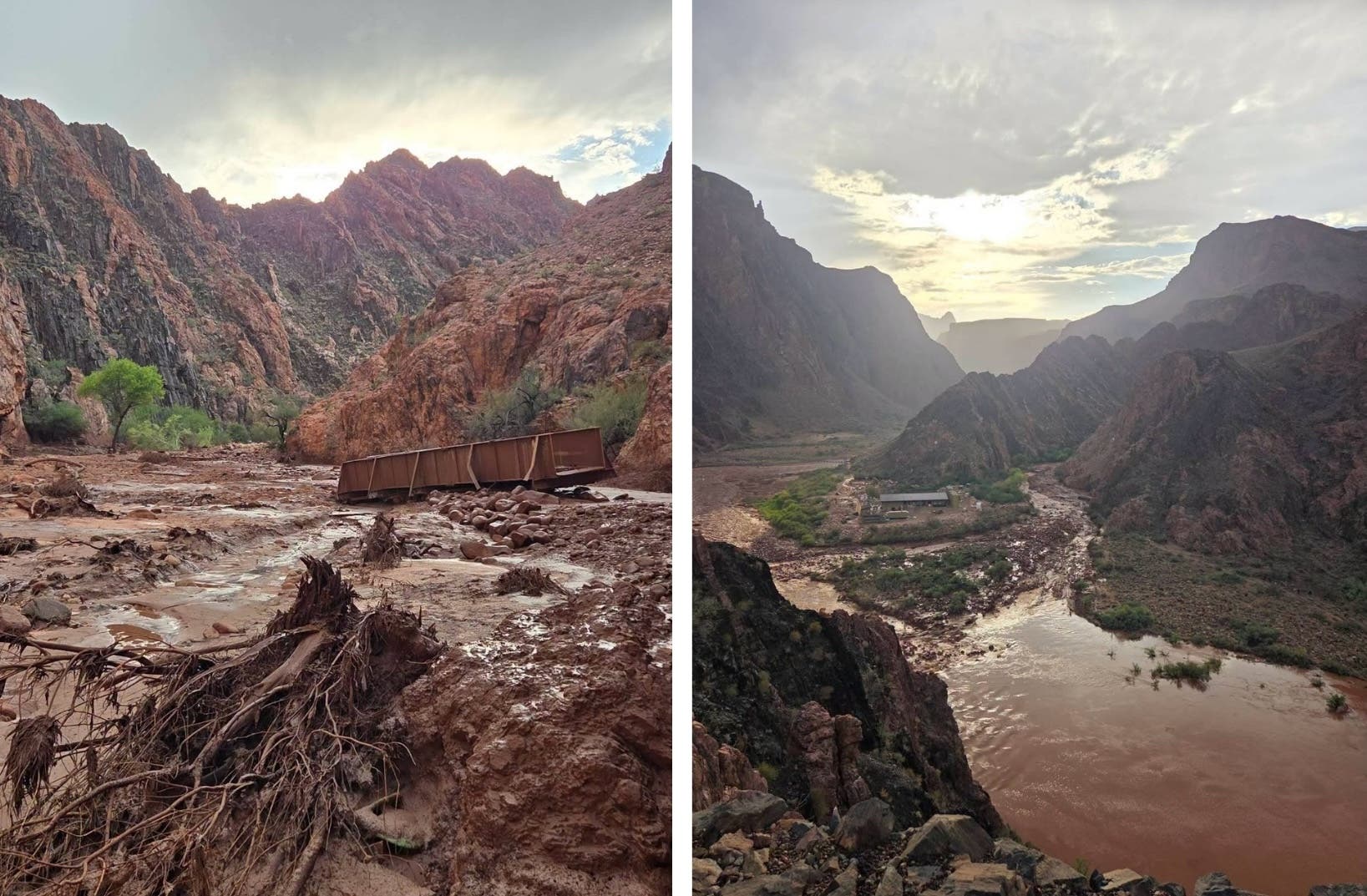 Left photo shows a debris field on the grand canyon, right photo shows an aerial view of muddy braided channels. flood store through bright angel canyon and phantom ranch