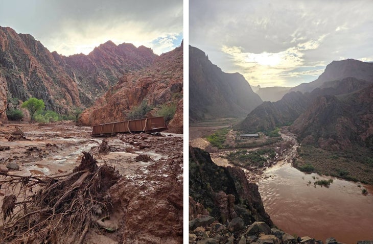 Left photo shows a debris field on the grand canyon, right photo shows an aerial view of muddy braided channels. flood store through bright angel canyon and phantom ranch