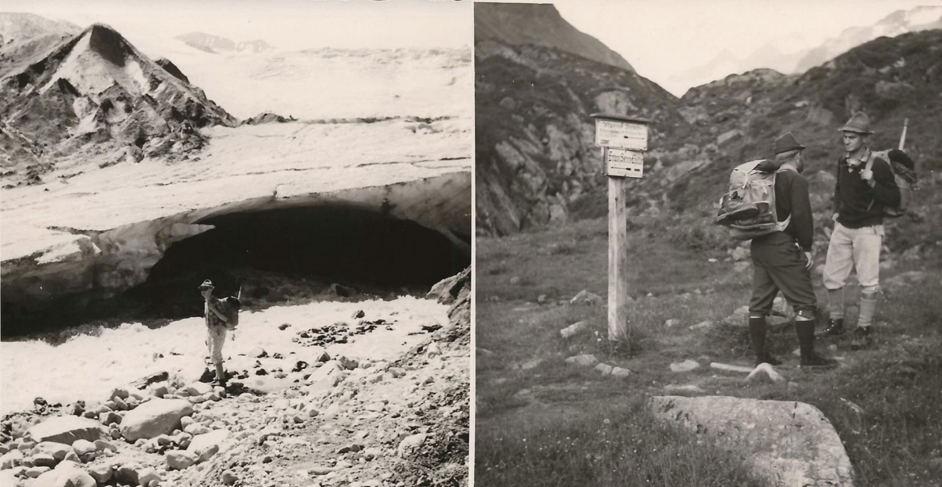 two black and white photos taken during the 1963 summit show men hiking along a trail