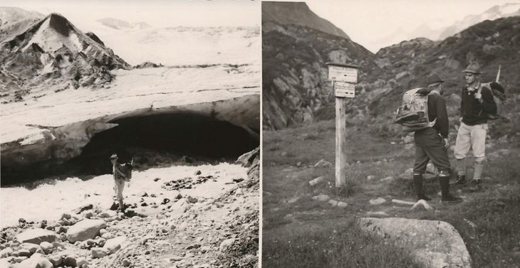 two black and white photos taken during the 1963 summit show men hiking along a trail