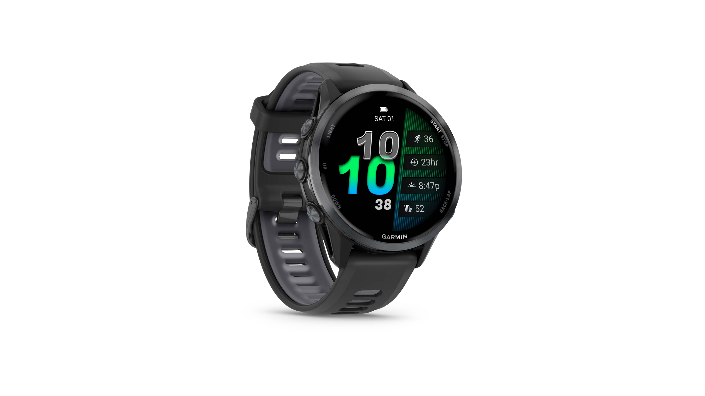 Black Garmin Forerunner GPS smartwatch displaying time, battery life, and activity stats on a high-contrast digital watch face.