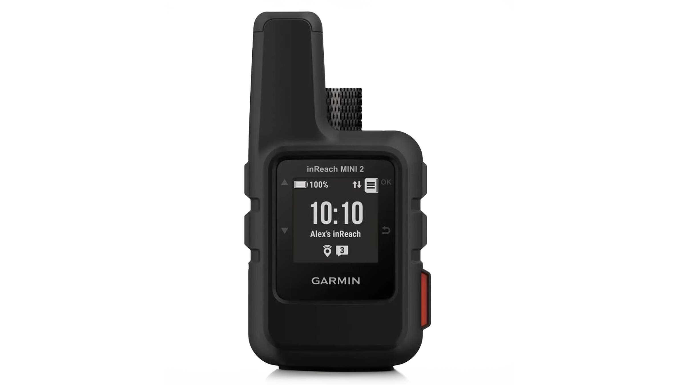 Handheld black Garmin inReach Mini 2 satellite communicator displaying digital system metrics. Provides emergency SOS and two-way messaging safety for off-grid fastpacking excursions.