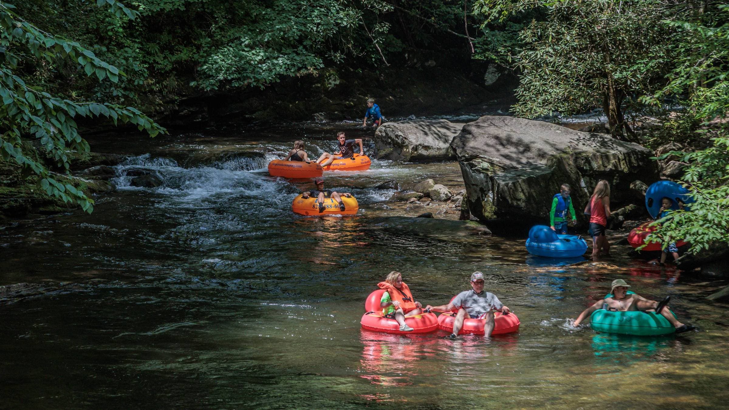 Tubing down Deep-Creek in the Smoky Mountains near Bryson City, North Carolina.