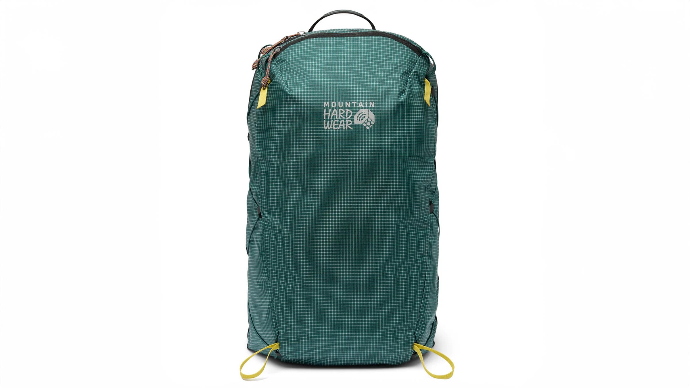 Teal grid-patterned Mountain Hardwear ultralight backpack with yellow attachment loops. Offers a streamlined carry solution tailored to fastpacking gear.