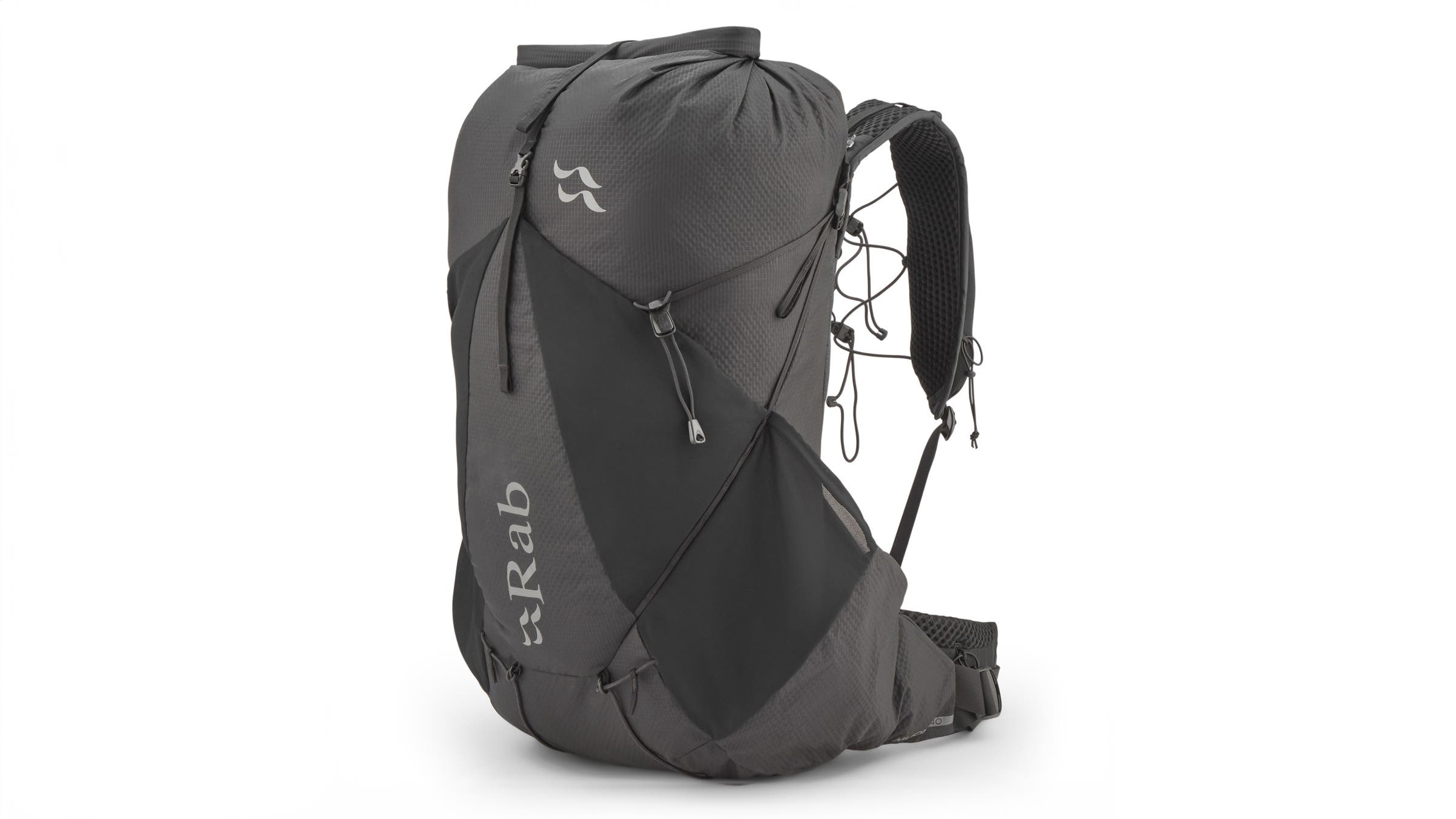 Charcoal gray Rab Muon lightweight pack with stretch mesh side pockets and a roll-top closure. Engineered to streamline gear carry for fastpack adventures.