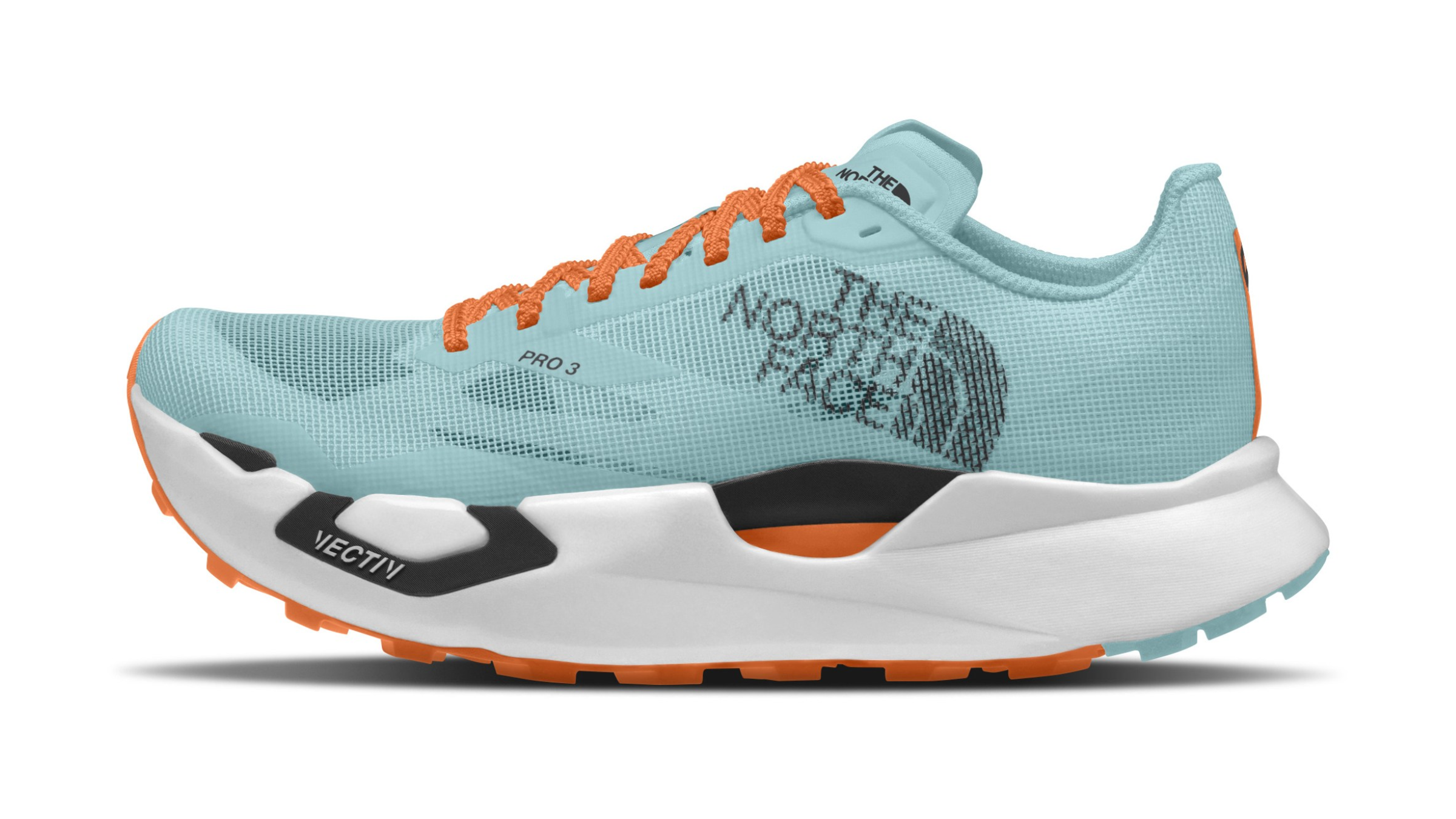 Light teal The North Face Summit Series Vectiv Pro 3 trail running shoe with bright orange laces and an orange-accented outsole.