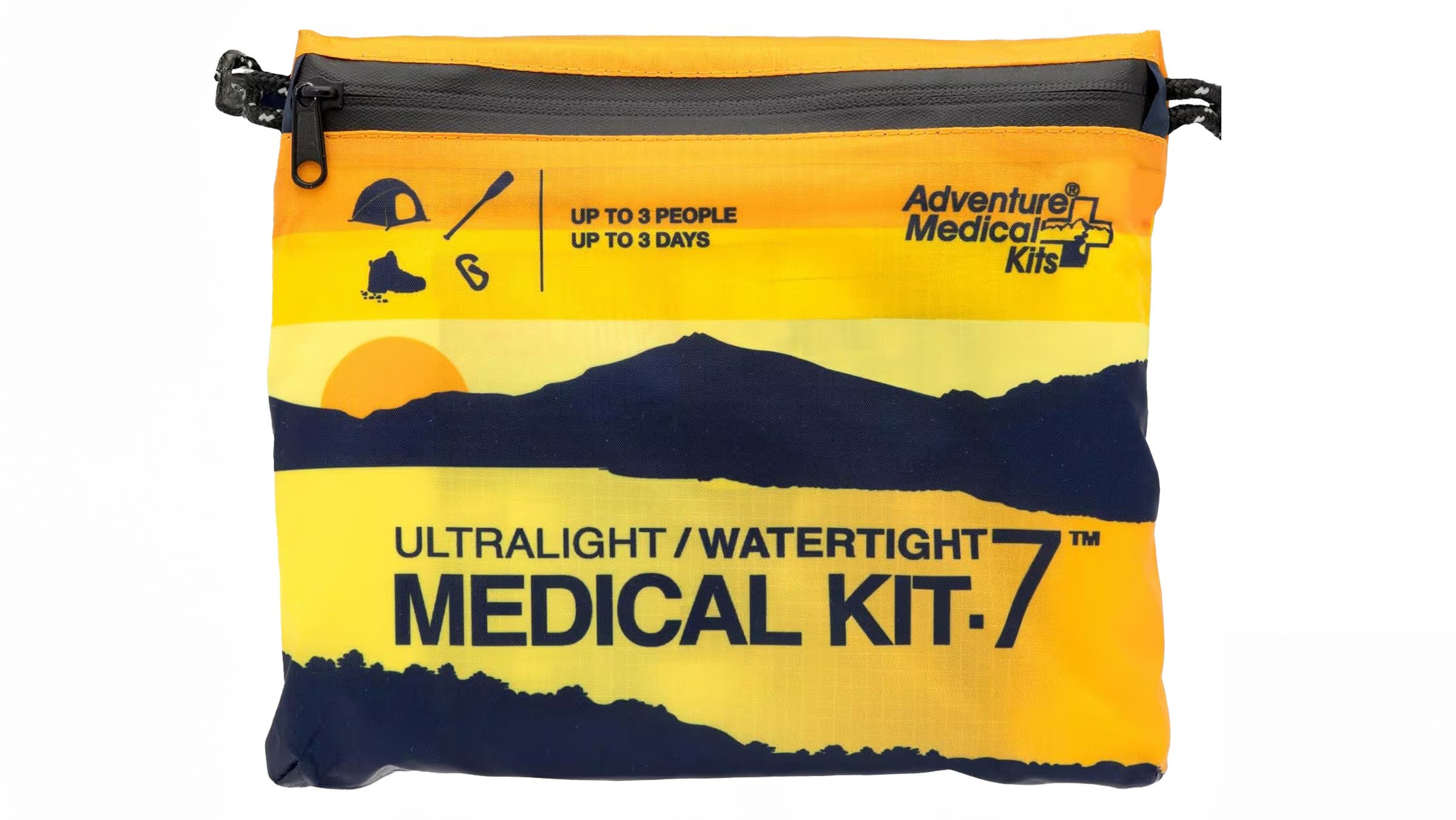 Yellow and navy Adventure Medical Kits Ultralight / Watertight .7 pouch. Provides compact medical safety supplies essential for backcountry fastpacking.