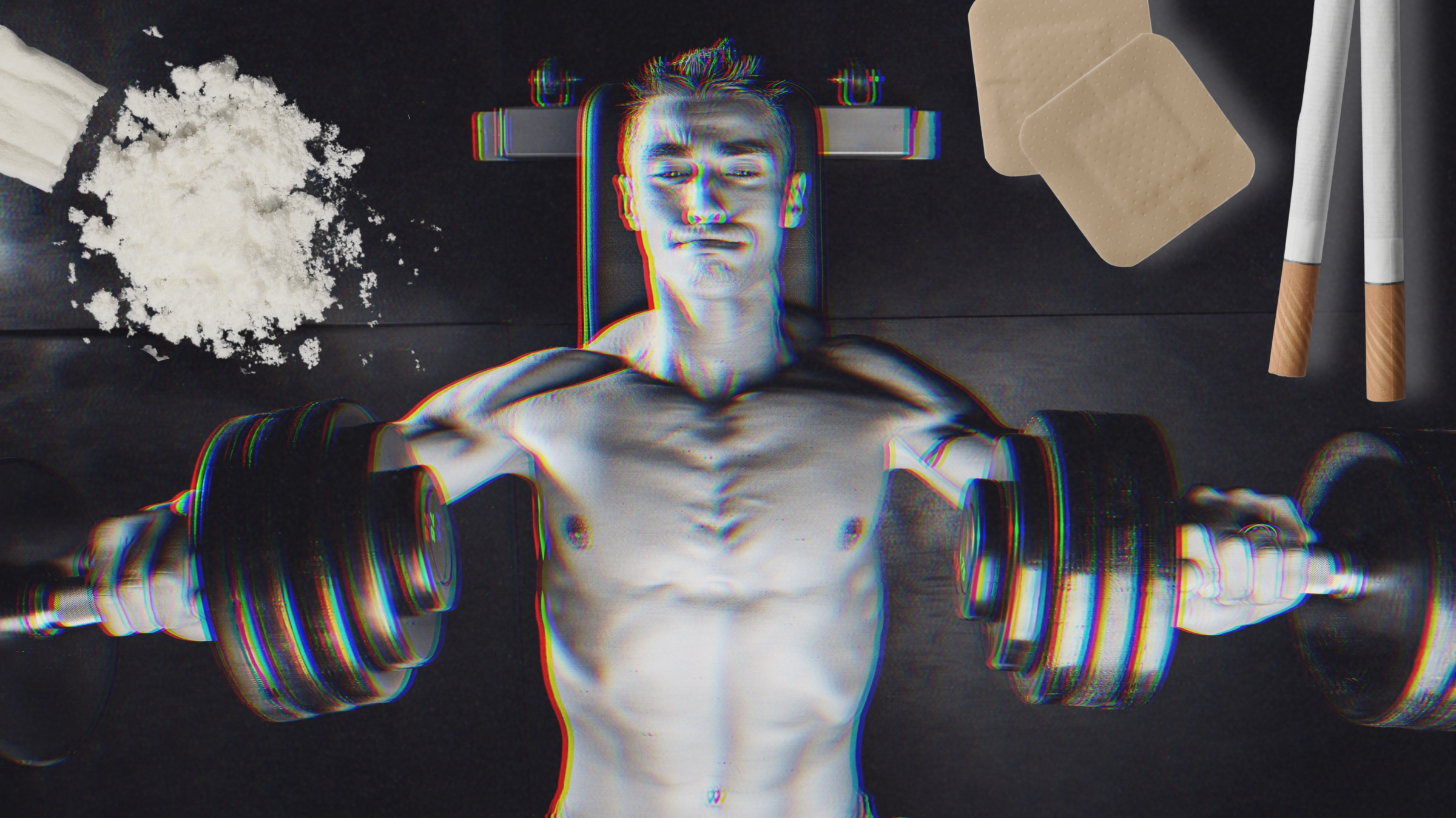 Person lifting weights surrounded by a broke nicotine pouch, patches and cigarettes