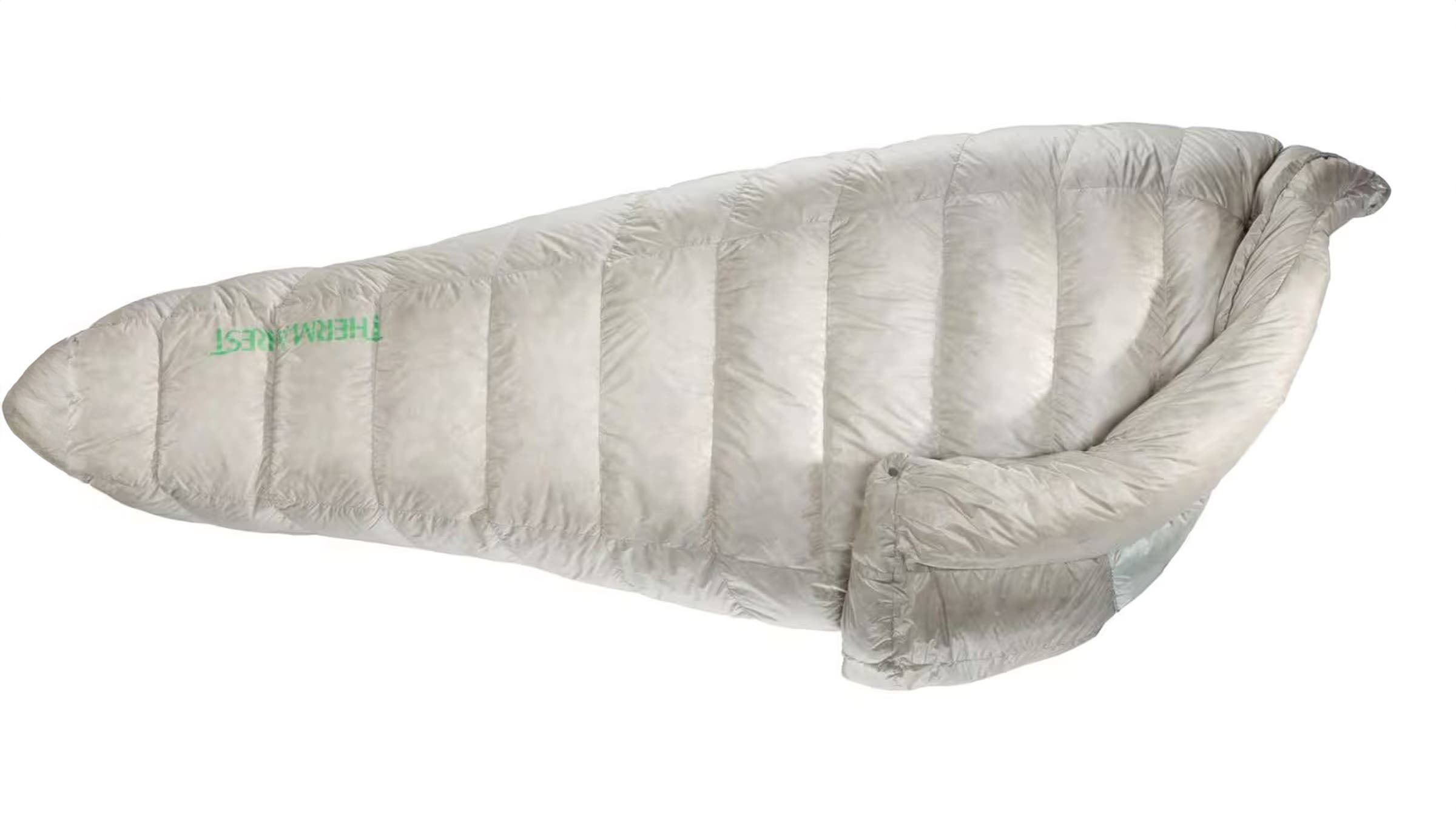 Light gray Therm-a-Rest Vesper down quilt laid out flat. Delivers packable, ultralight warmth tailored for fastpack sleep systems.