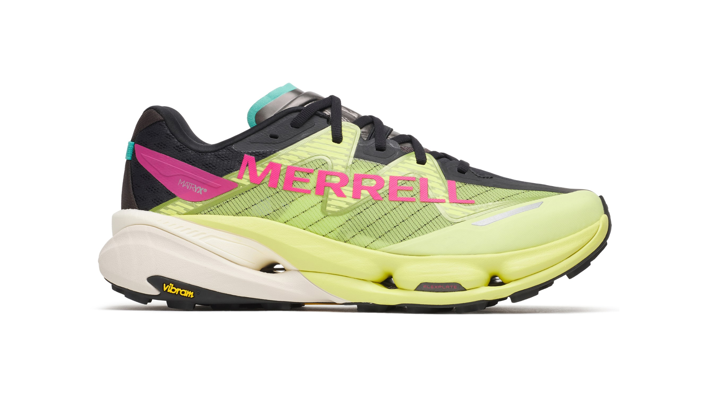 Lime yellow Merrell MTL Speedarc Peak trail running shoe featuring bright pink logo lettering and a sculpted, cushioned midsole.