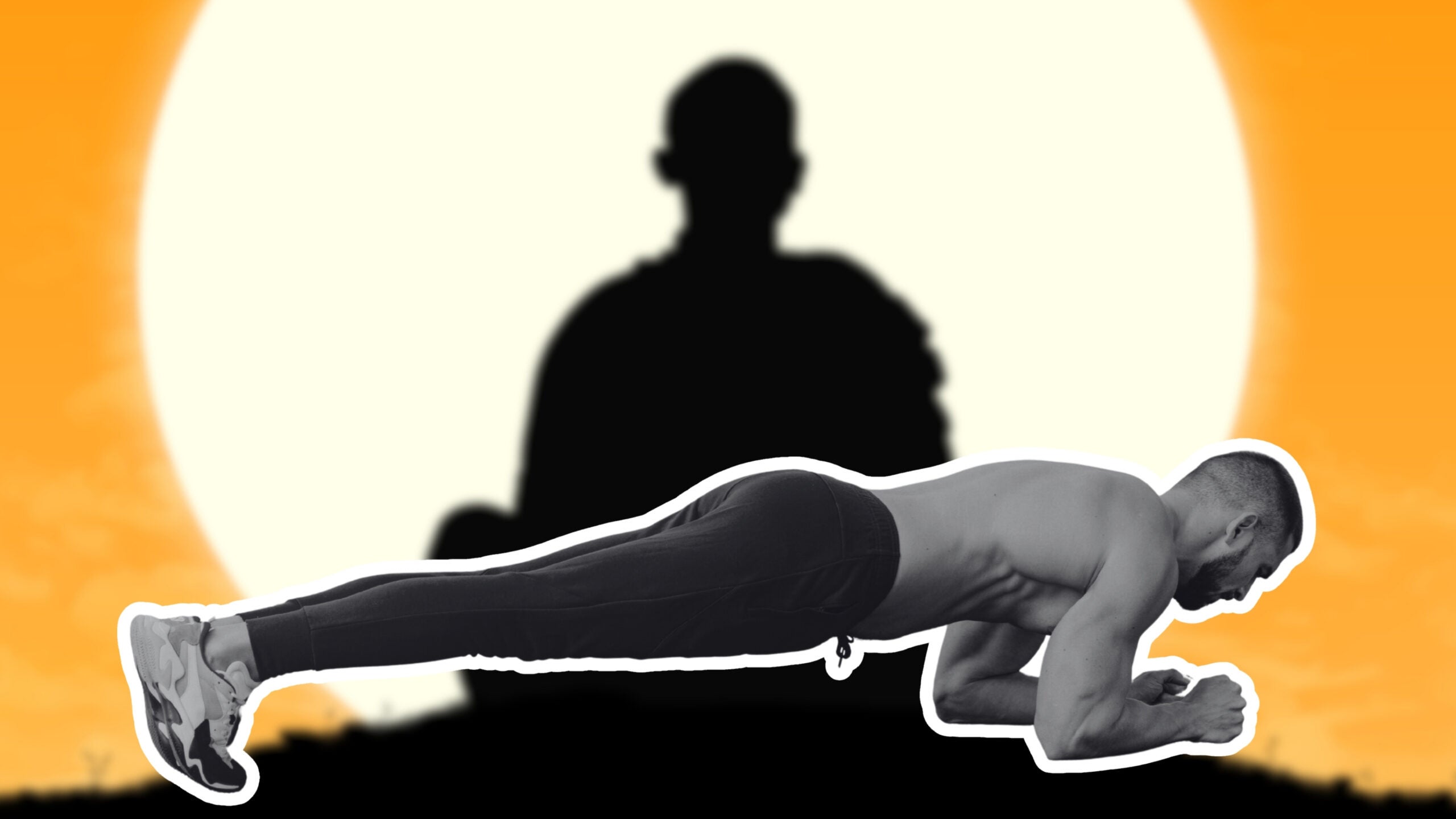 person doing a plank on a monk meditation background; conceptual image of monk plank challenge