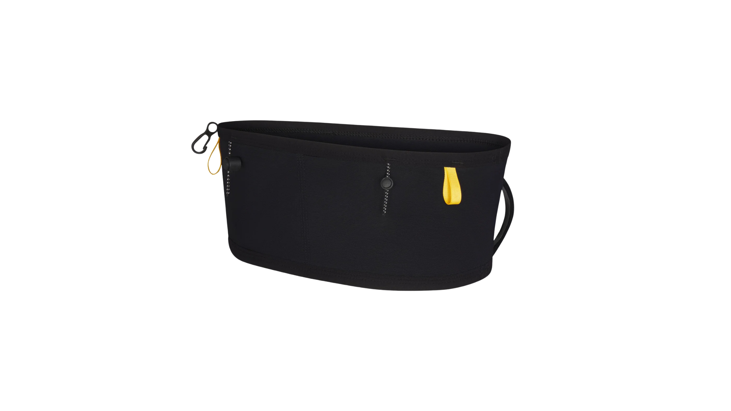 Sleek black Naked Running Belt with breathable mesh storage pockets and yellow pull tabs for carrying trail essentials.