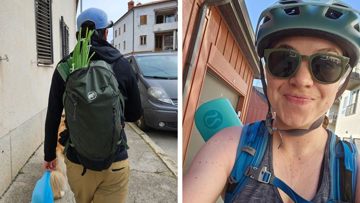 Left: A market haul in Croatia; Right: Biking to yoga in Colorado