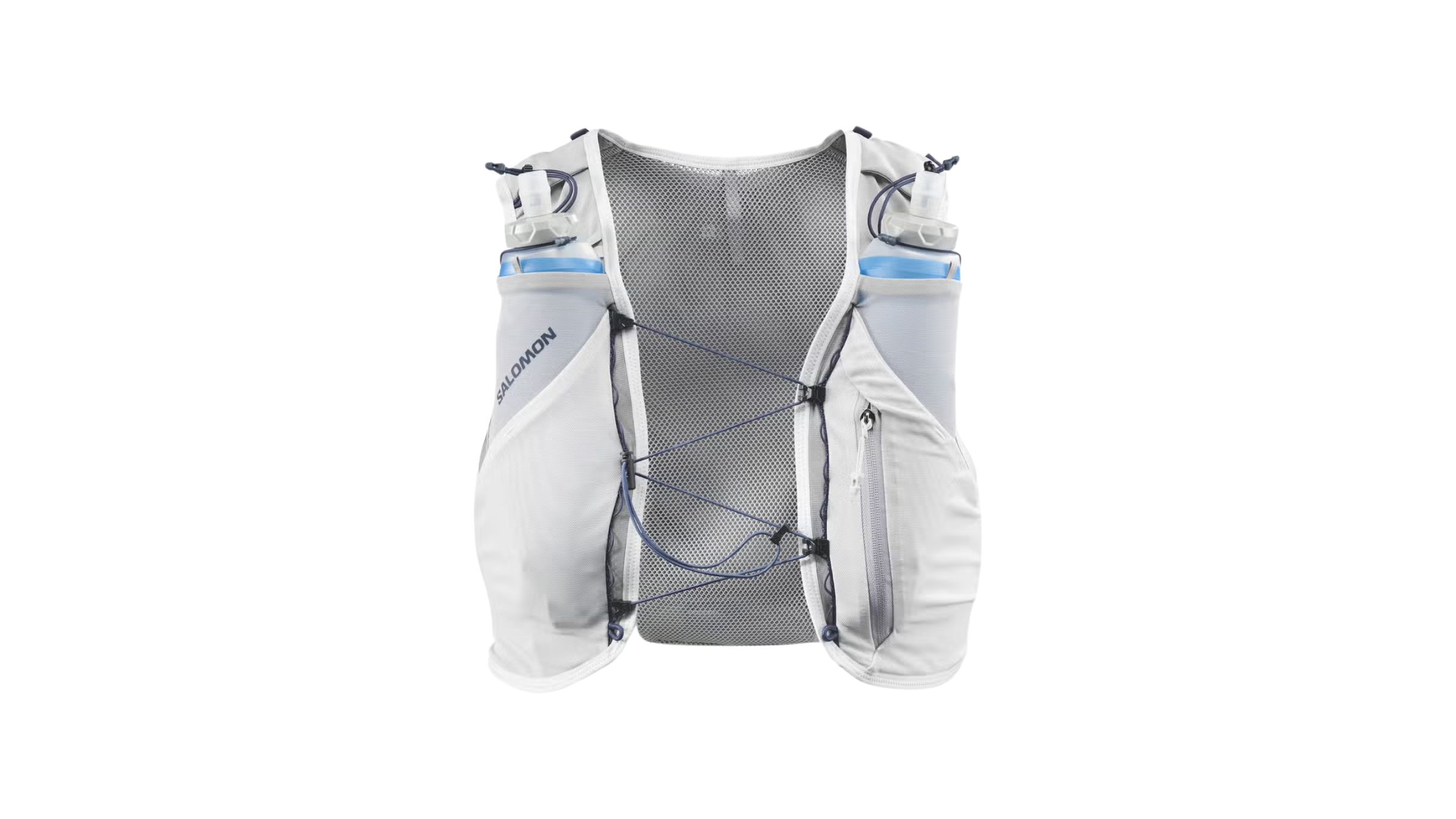 Light grey Salomon trail running hydration vest featuring dual front pockets with soft flasks and lightweight mesh construction.