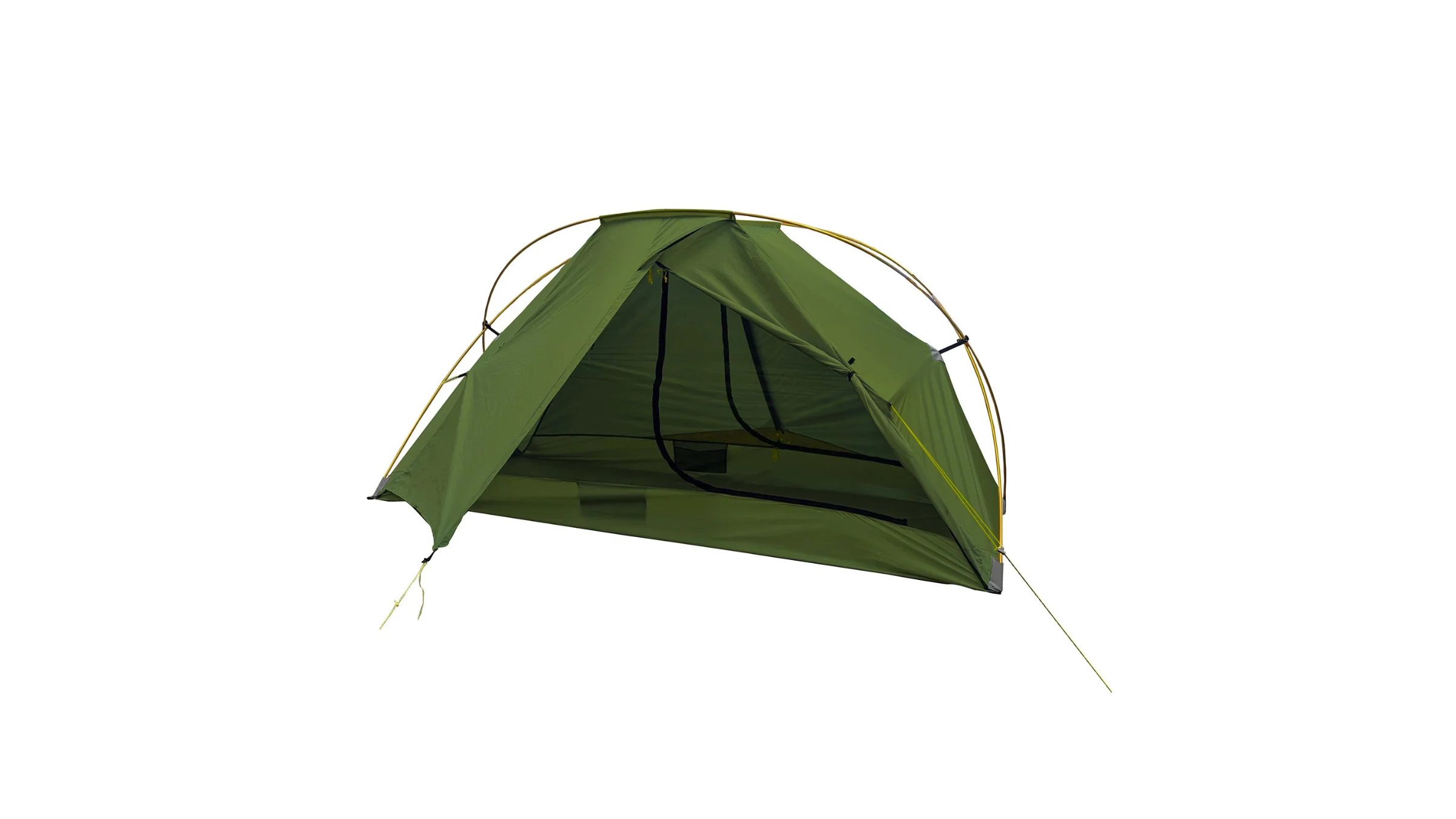 Olive green Six Moon Designs tent pitched with yellow exterior poles and an open side entry. Offers a compact, lightweight shelter solution for multi-day fastpacking trips in the backcountry.