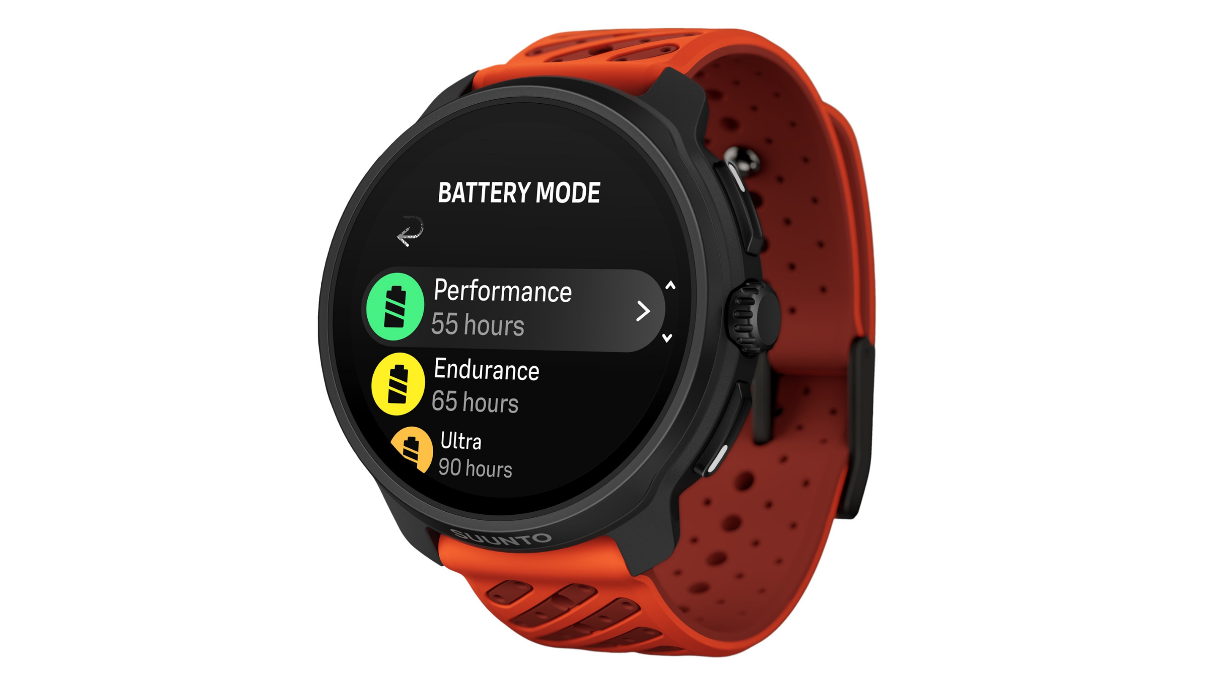 Suunto Race GPS watch with a bright orange perforated silicone strap showing long-life battery modes suited for mountain trail running.