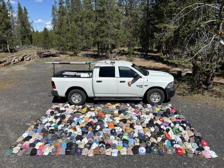 Hats collected by the Yellowstone National Park Geology Team and other park staff from hydrothermal areas during the summer 2026 season