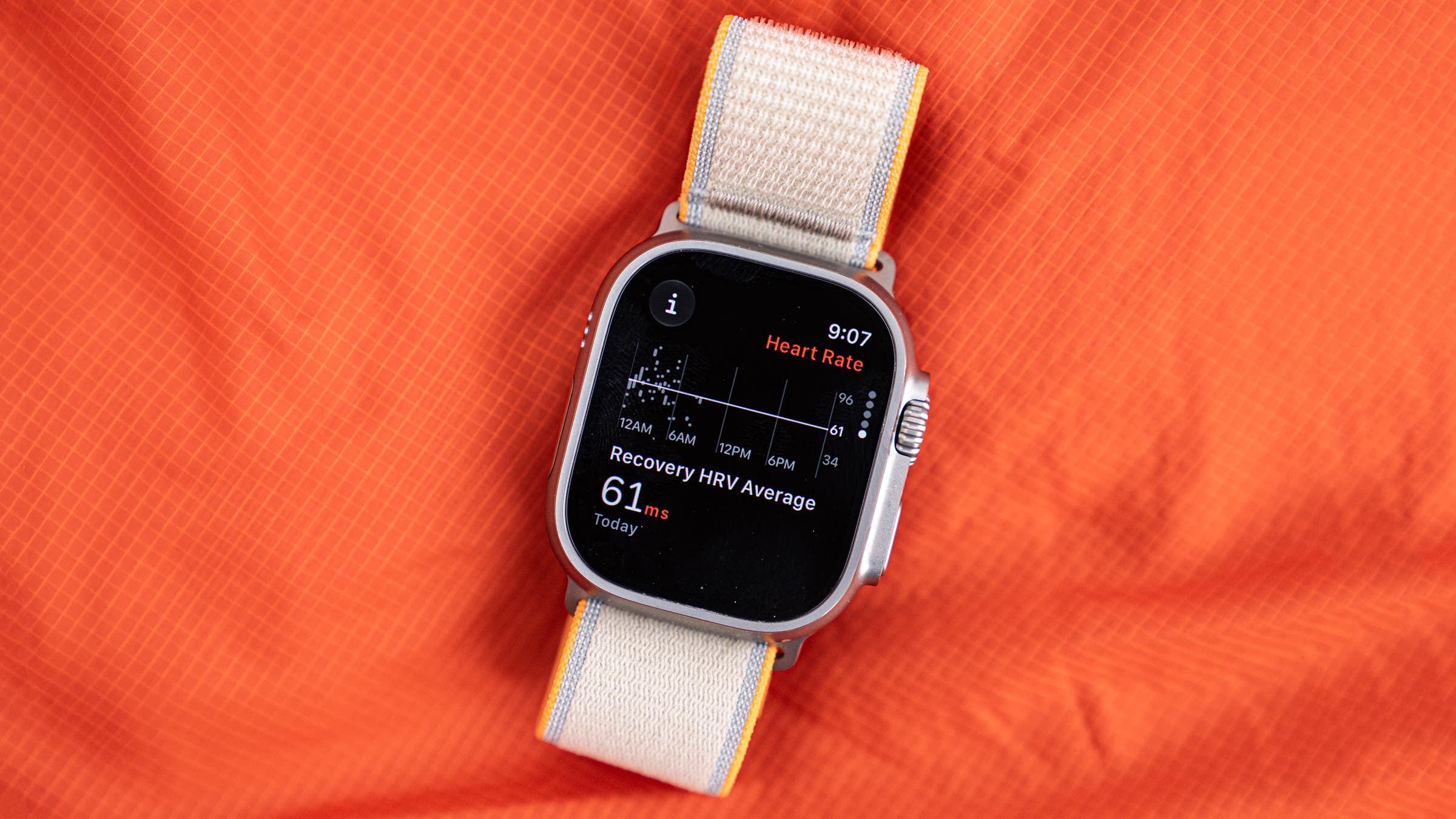 Apple Watch Ultra 4 on orange background displaying HRV