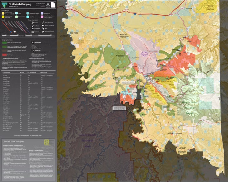 a map of BLM lands and camping in Moab