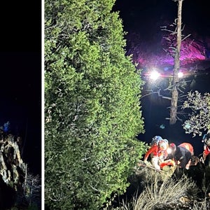 left photo shows a the cliffside with drones spotlighting the sky. right photo shows rescuers walking up a steep embankment