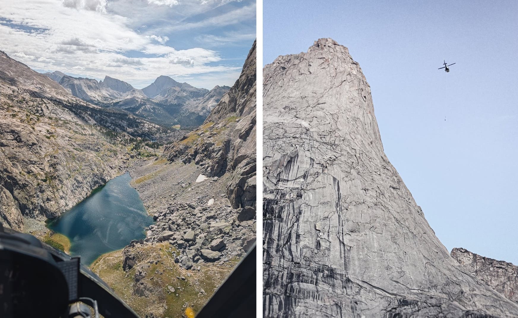 photo on the left shows a view from the helicopter of the wind river range, photo on the right shows the face where the climbers were stranded and a helicopter in view