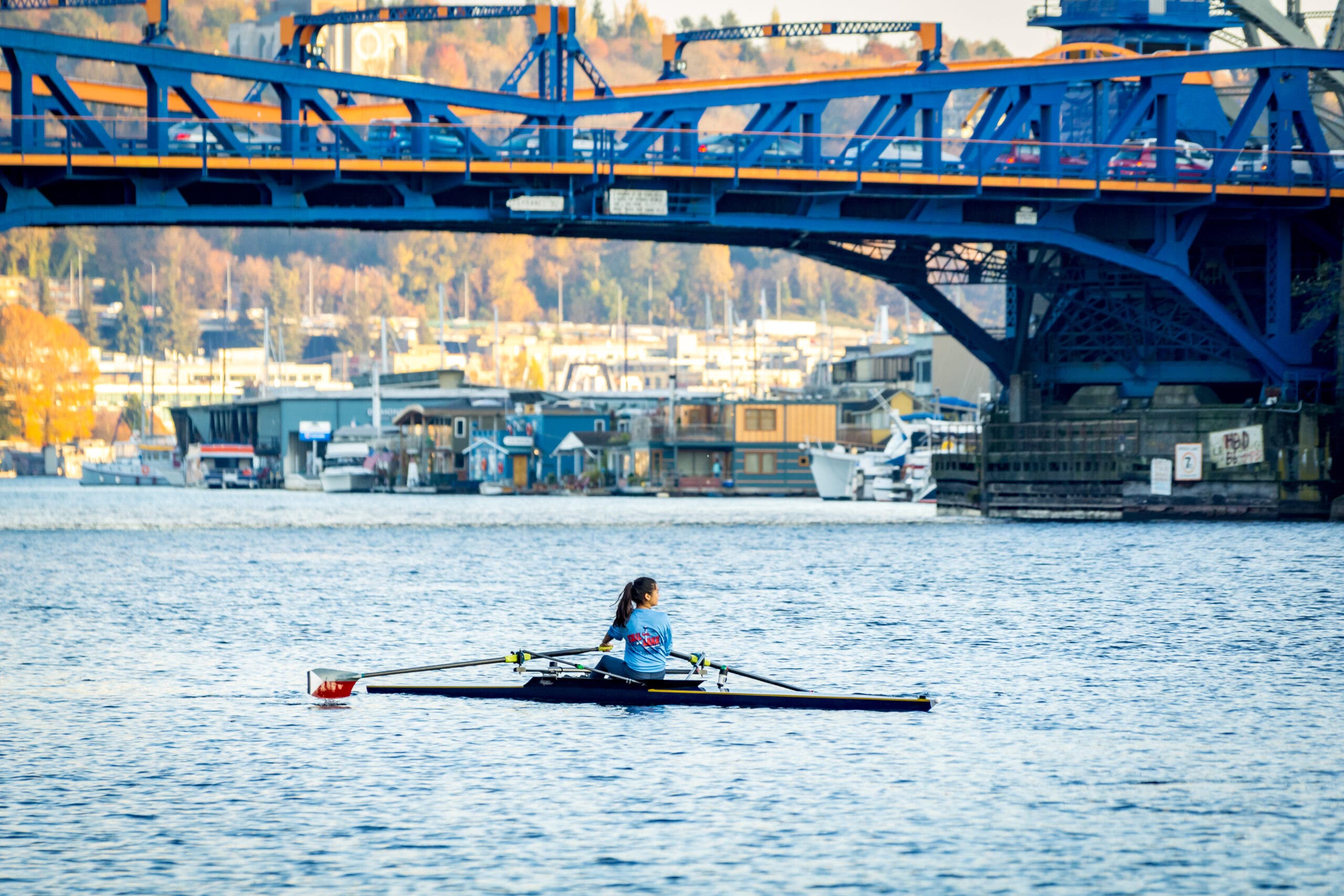 A woman rows on the ship canal in Seattle's Fremont neighborhood. 