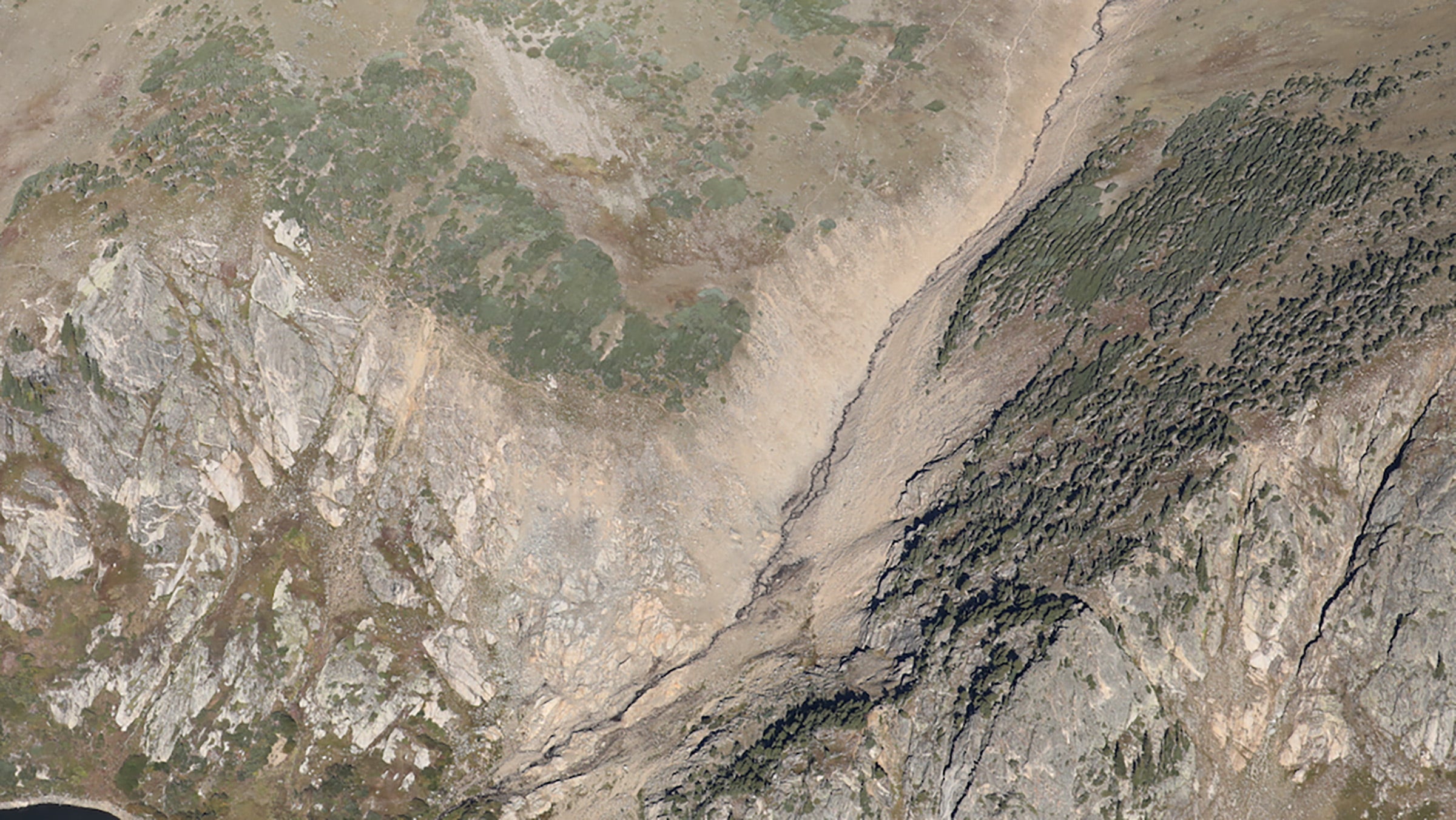 An overhead view of the gully that once held Saint Mary's Glacier