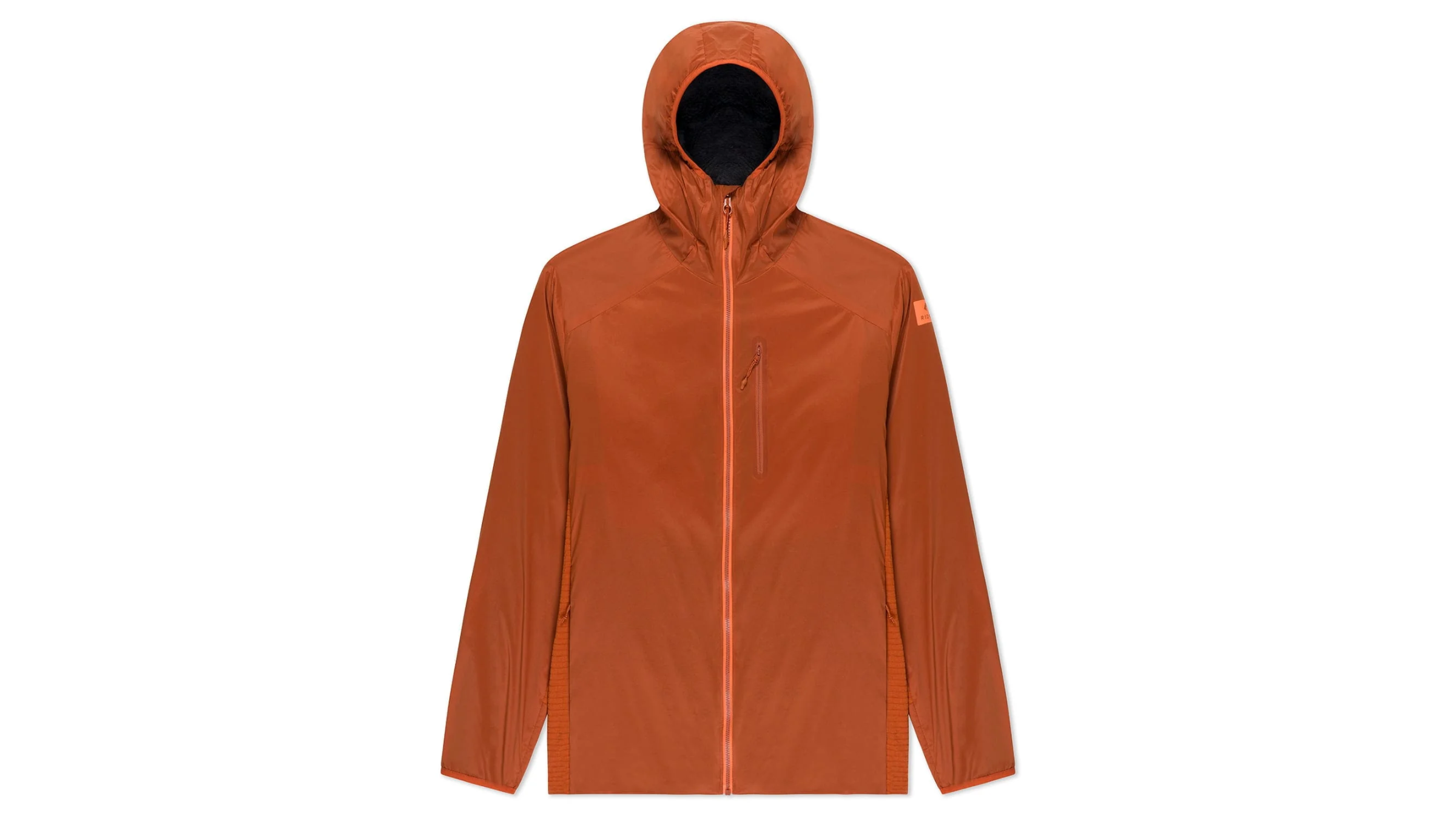Front view studio product photo of the rust-orange Ridge Merino Alpha Wool Insulated Jacket featuring a zipped chest pocket and fitted hood.