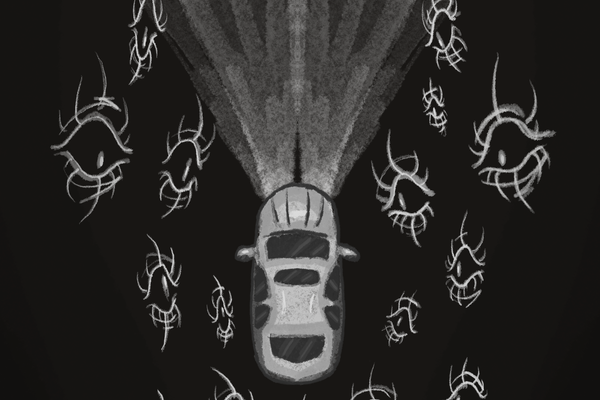 black and white illustration shows a car and headlights driving in the dark