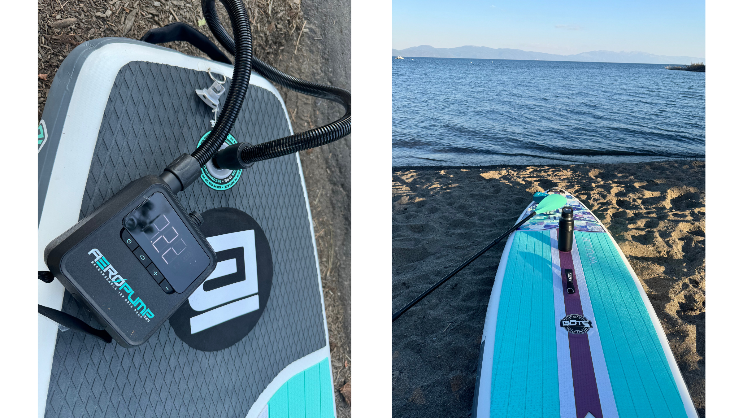 An electric battery pump inflates a BOTE paddleboard deck on the left, shown alongside the prepped board ready by the water on the right.