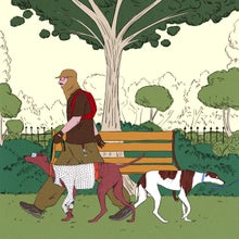 A man wears gorpcore while walking his dog in a park.