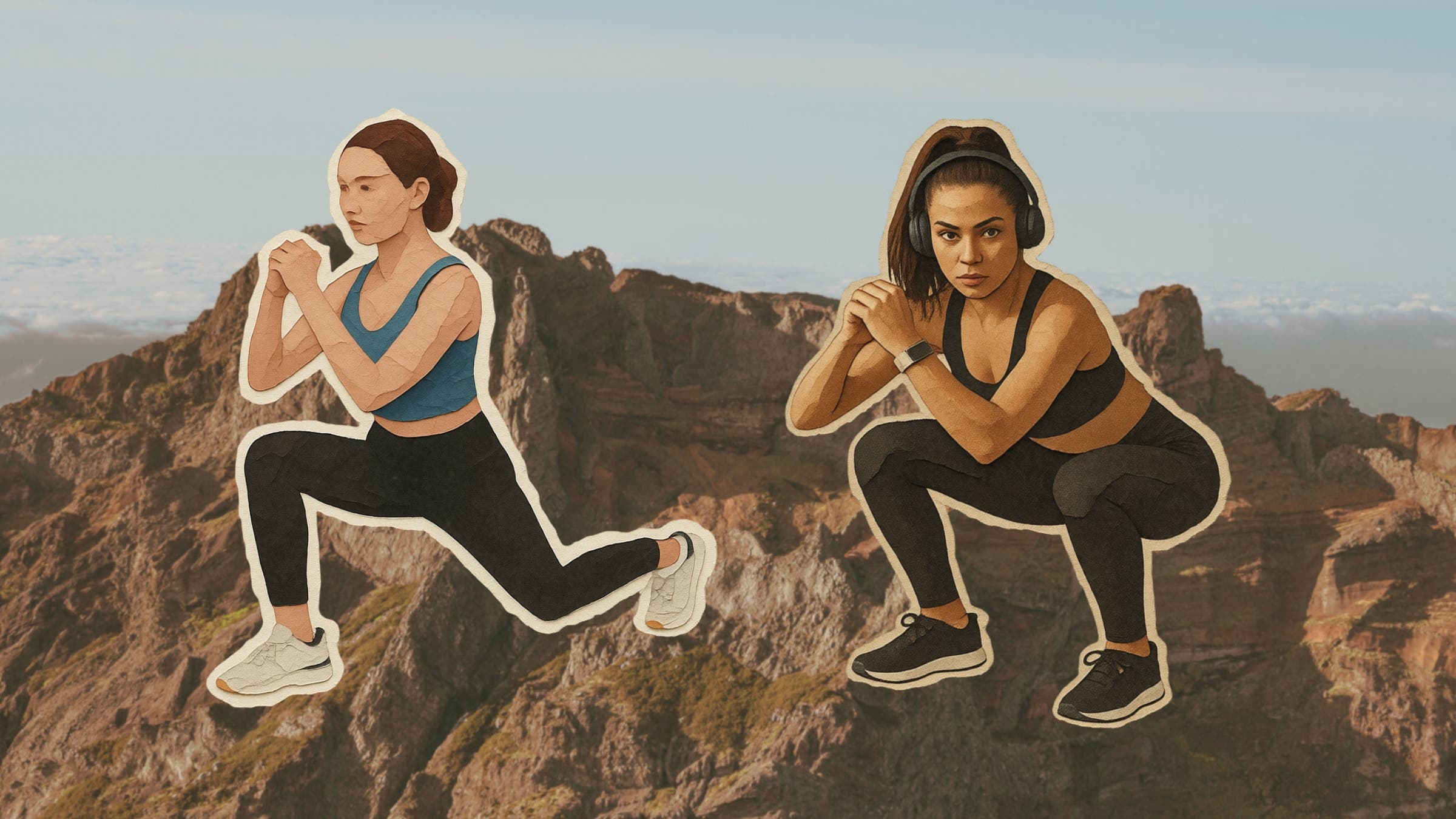 person doing a lunge and another doing a squat to show the best exercises for pain-free downhill hiking to prevent knee pain