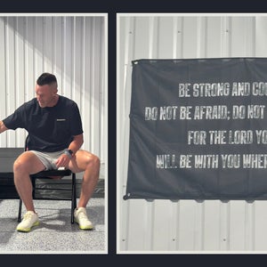 Jeff Hambrecht of Proverbs 27:17 Fitness leading Bible study class, and a sign with Bible verse Joshua 1:8