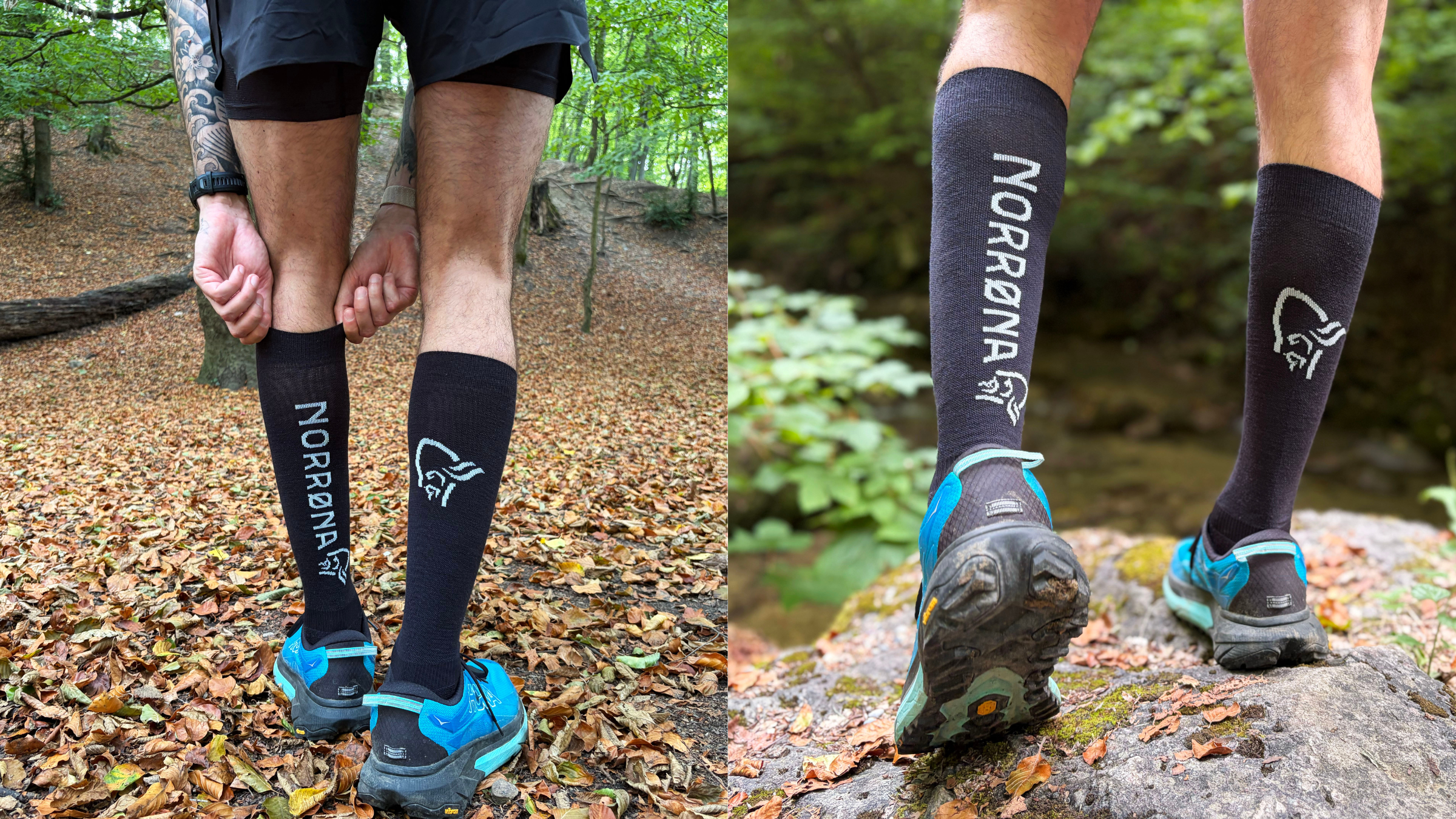A combined image showing two views of black Norrøna trail running socks with prominent branding, worn with trail running shoes on a wooded path.