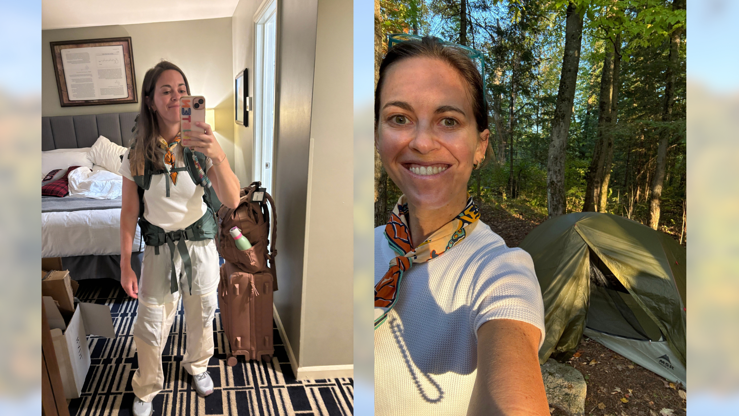 Two-panel photo of editor Kristen Geil wearing the cream Outdoor Voices Waffle Baby Tee with a backpack (left) and at a campsite beside her tent (right).