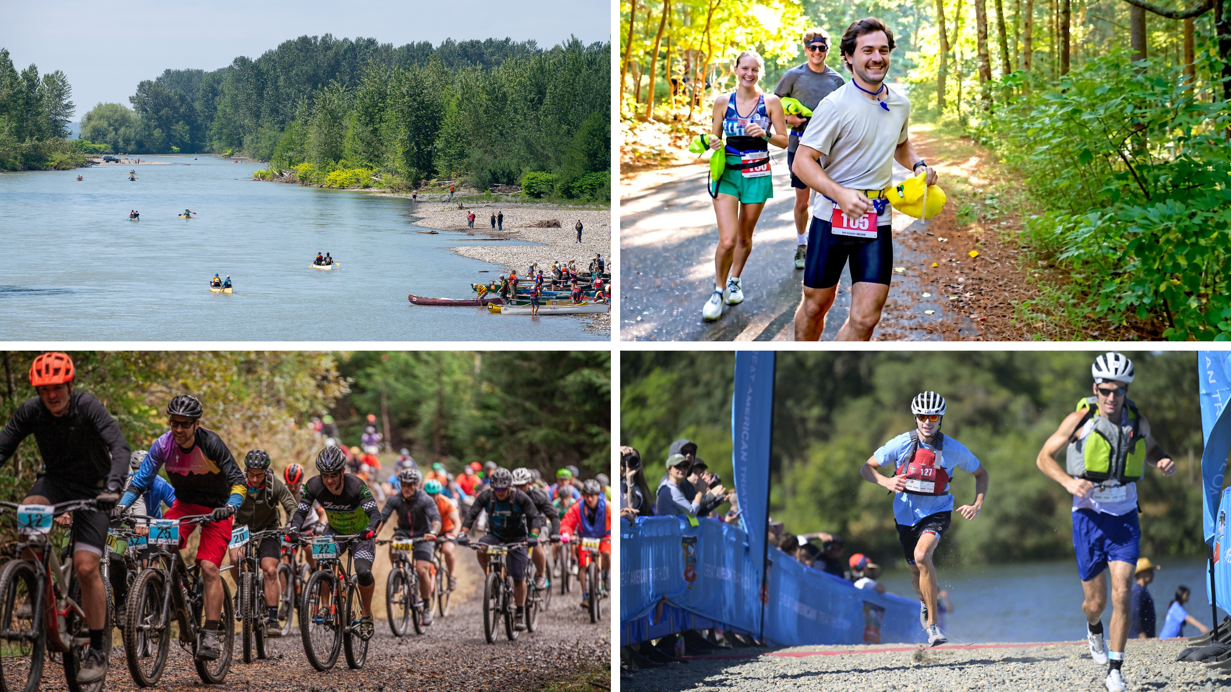 composite image of athletes kayaking, mountain biking, running, and finishing unique multisport adventure races