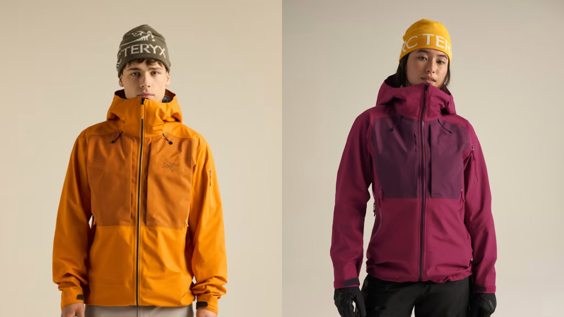 arc'teryx sperro sv men's and women's hardshell jackets in orange and magenta