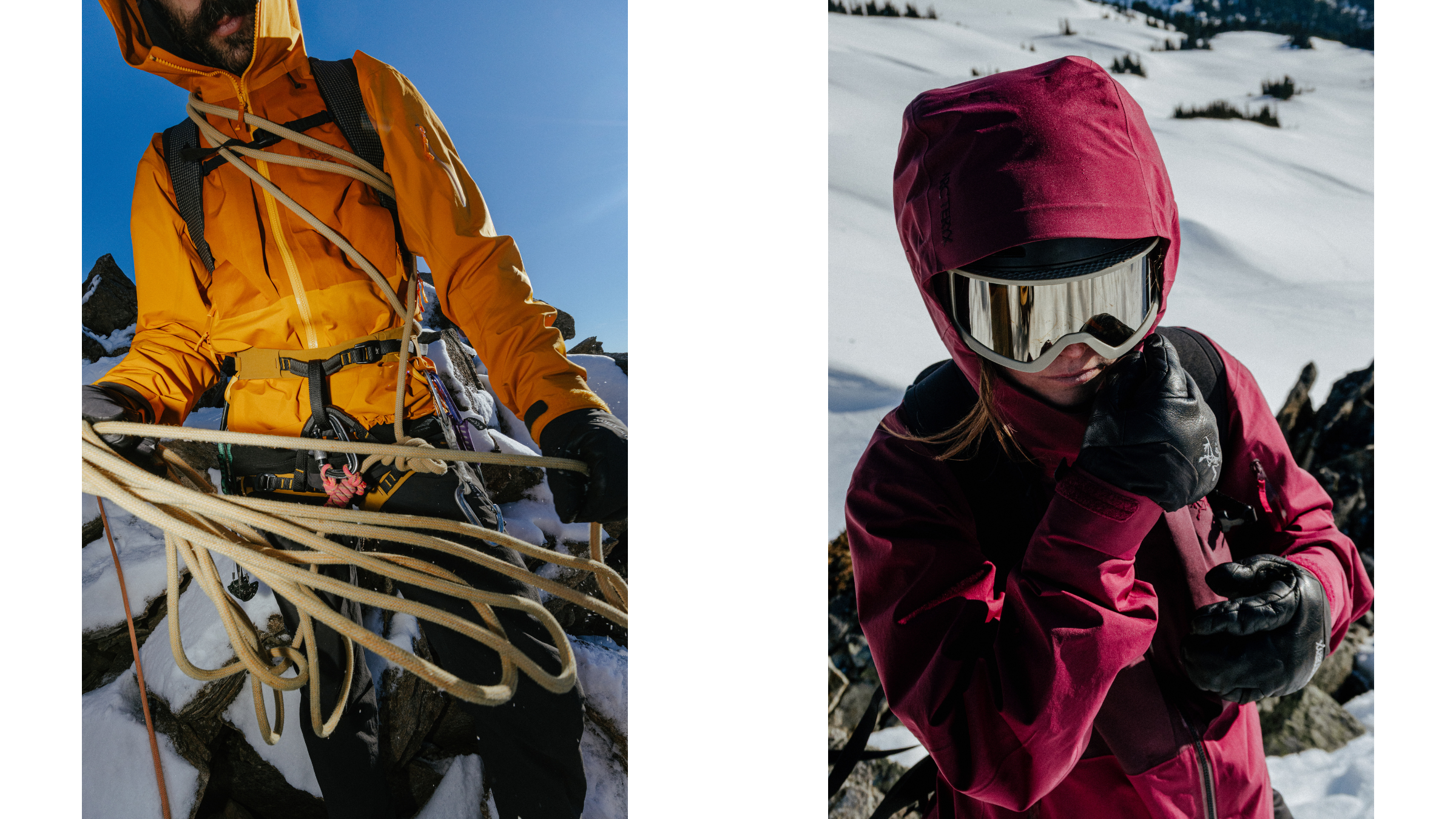 A split-screen view showing athletes field-testing orange and magenta Sperro SV jackets during snowy alpine conditions.