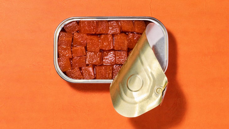 Cubed beets in a rectangular tin.